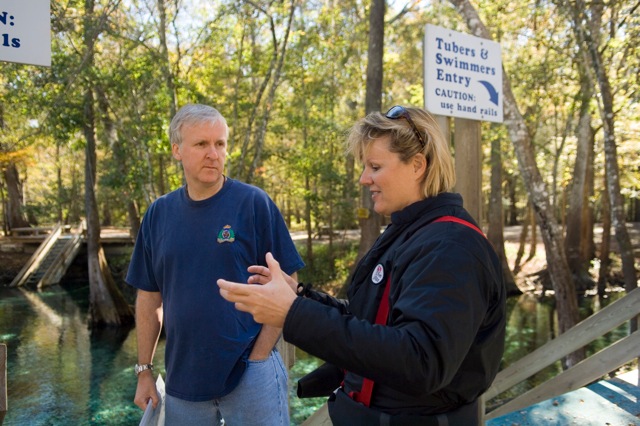 James Cameron confers with Jill Heinerth while shooting the Sanctum pitch trailer at Ginnie Springs in Florida.