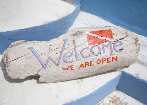 A Welcome sign outside a dive shop in the Caribbean.