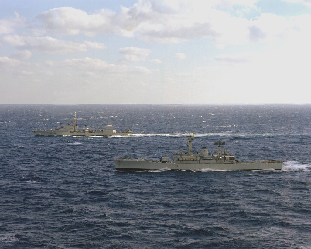 A port beam view of the British frigate HMS SCYLLA (F-71) and the French destroyer LA GALISSONNIERE (D-638) underway during NATO exercises.