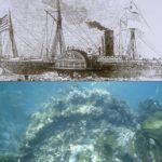 An engraving of the SS Winfield Scott (top) compared to what the vessel looks like today on the seafloor (bottom). (Image courtesy of the National Park Service)
