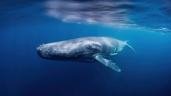 Humpback whale swimming underwater in deep blue water