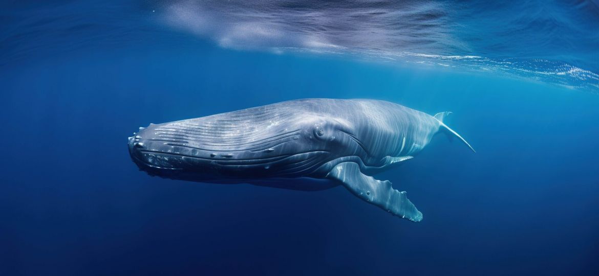 Humpback whale swimming underwater in deep blue water