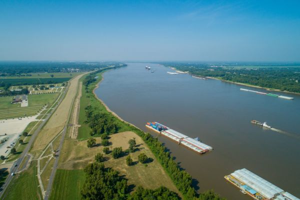 Barges on the lower Mississippi River seen from above