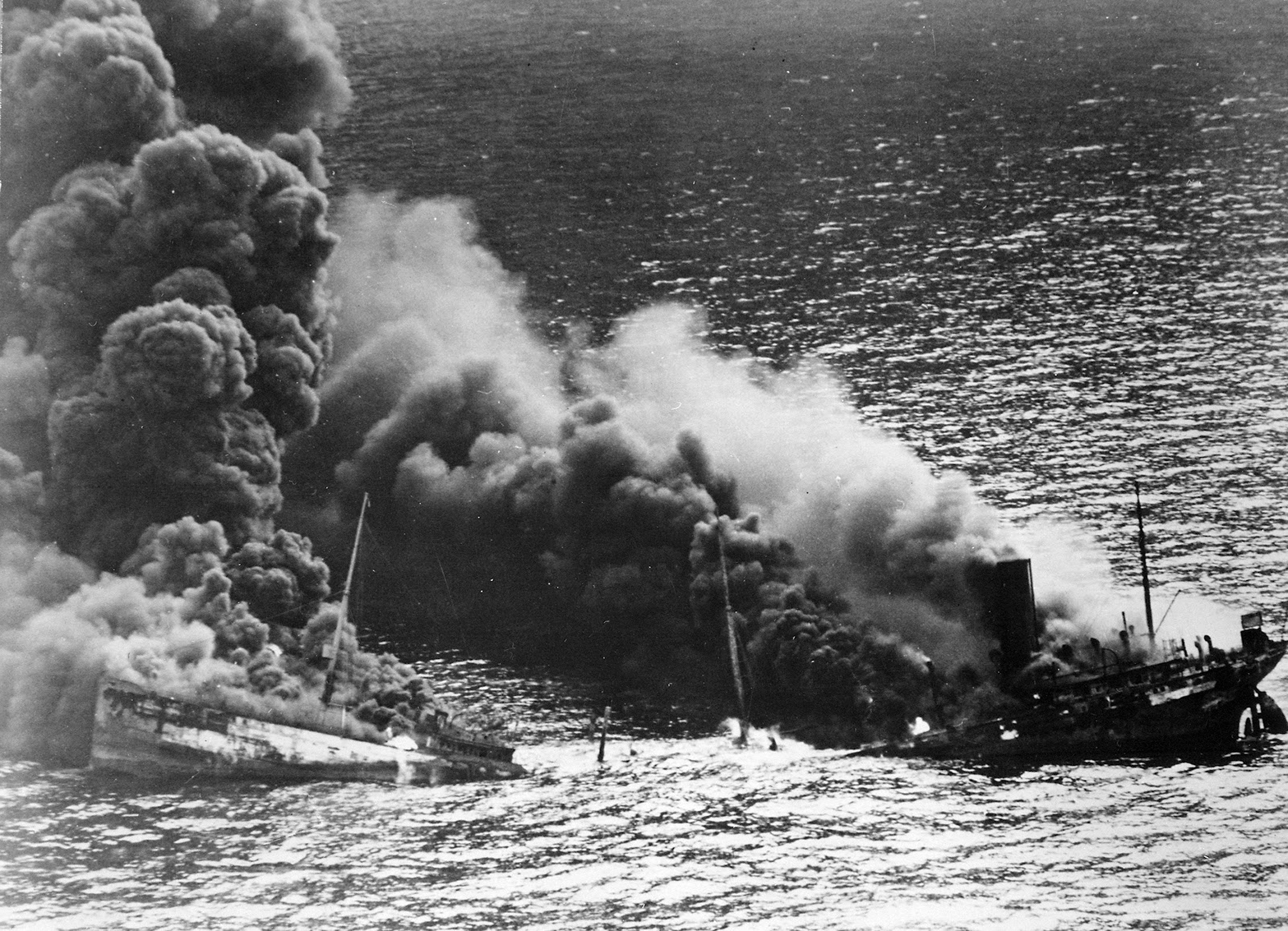 Dixie Arrow burning after being torpedoed by U-71 on March 26, 1942. (Photo courtesy of the National Archives)