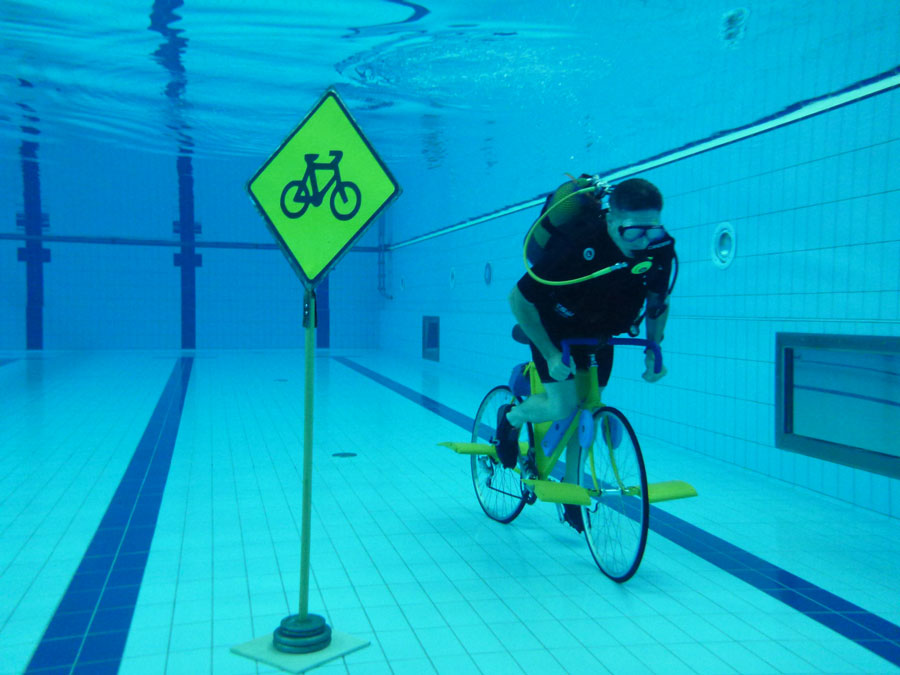 A Russian team of divers competed in an underwater cycling competition.